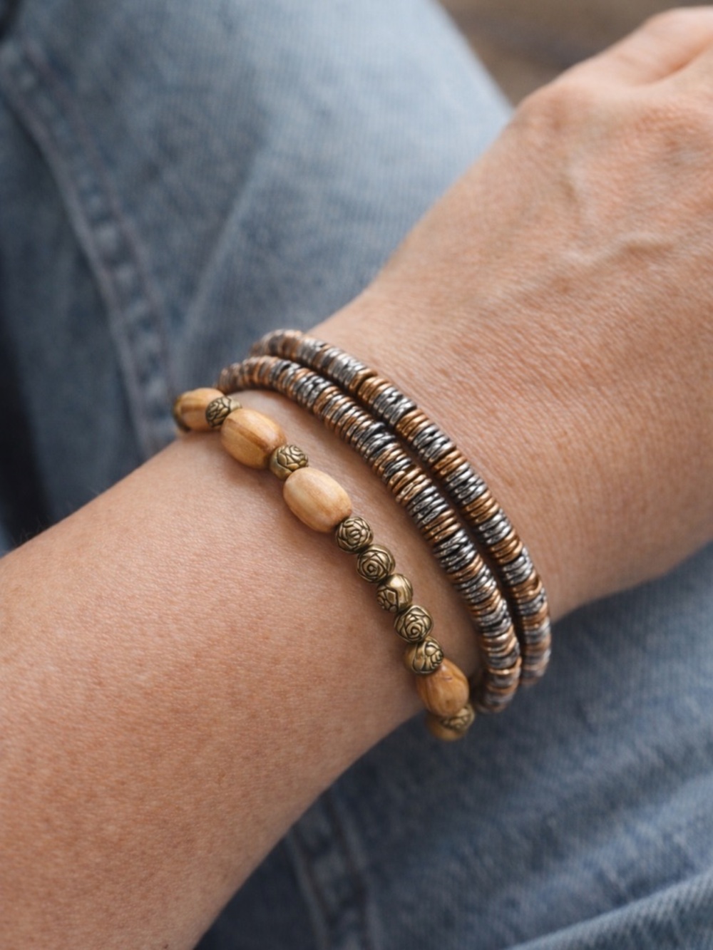 Boho Bracelet Set Wood Bead Stretch‎ And Multi Strand Cord Layered Style